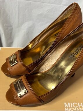 Michael Kors Cognac Leather Peep-Toe Platform Pumps
